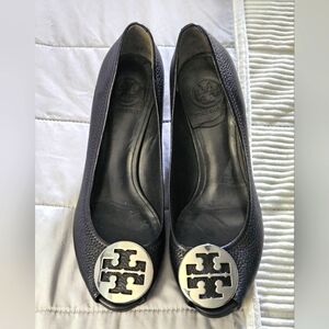 Tory Burch Black Wedges Peep Toe with Silver Logo Size 9.5